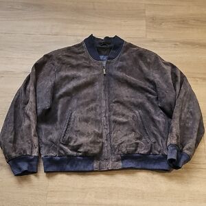 Coach Dark Grey Suede Bomber Jacket with Navy Accents Mens Size XL